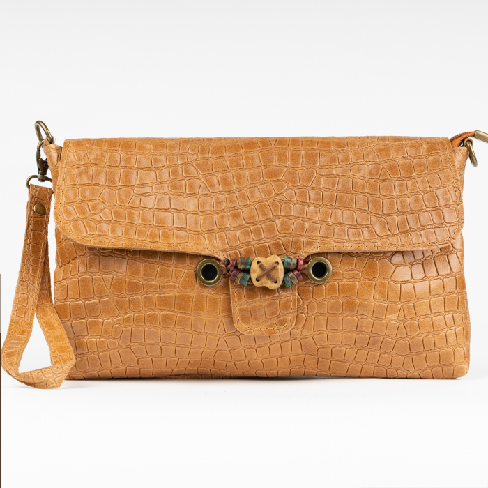 Geanta plic crossbody camel, din piele naturala, cu aspect piele de sarpe