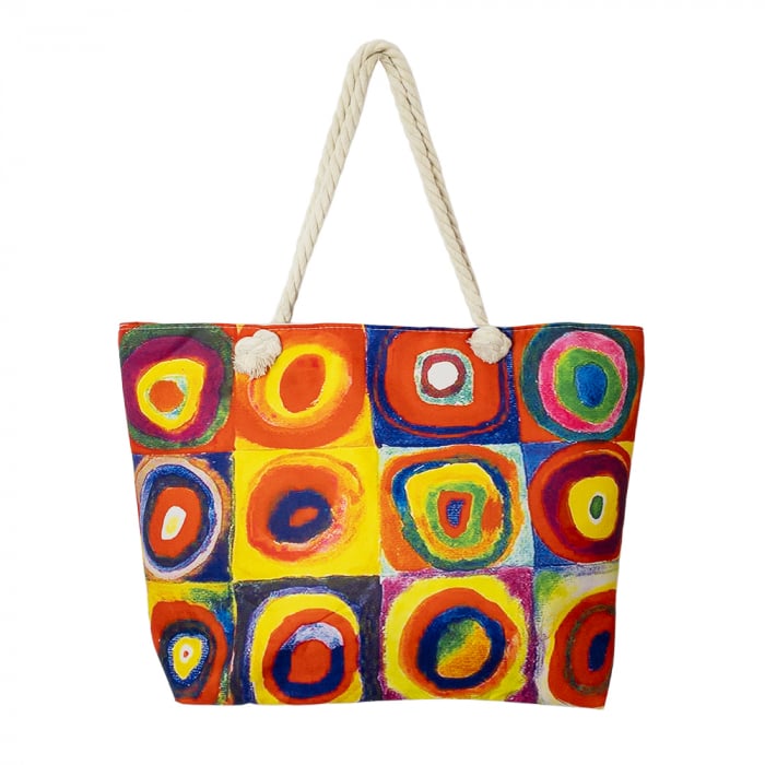 Set rochie tip poncho din matase si geanta mare de vara, reproducere dupa Kandinski