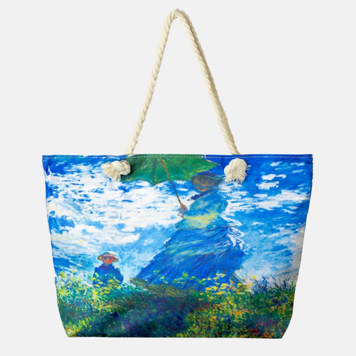 Geanta de plaja din material textil, cu reproducere dupa Claude Monet " Femeia cu umberala de soare " [1]