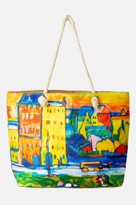 Geanta de plaja din material textil, dupa tablou celebru cu case multicolore [1]