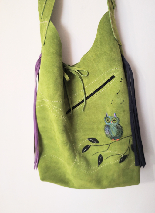 Geanta olive handmade ,cu bufnita colorata