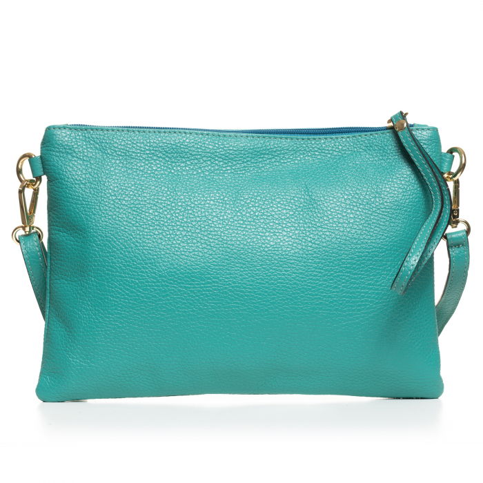 Geanta plic crossbody turcoaz, din piele naturala