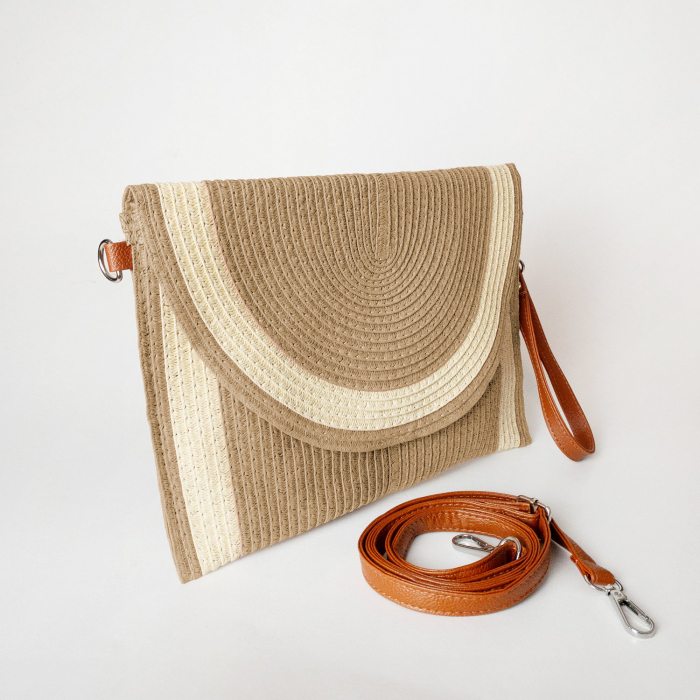 Geanta plic impletita crossbody, cu bareta de umar si de mana, camel cu bej deschis