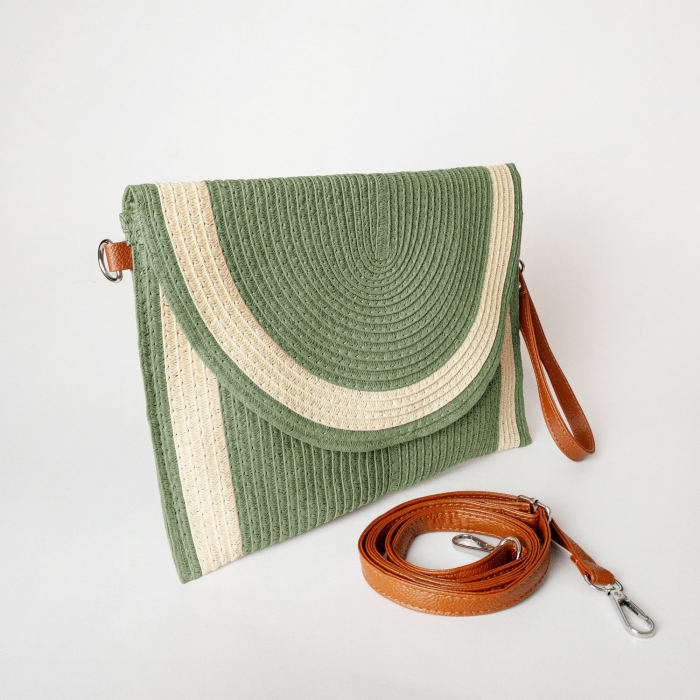 Geanta plic impletita crossbody, cu bareta de umar si de mana, verde cu bej deschis