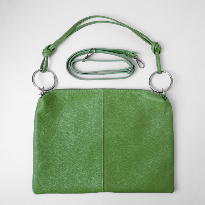Geanta plic mare cu inele mari si doua barete, din piele naturala verde oliv