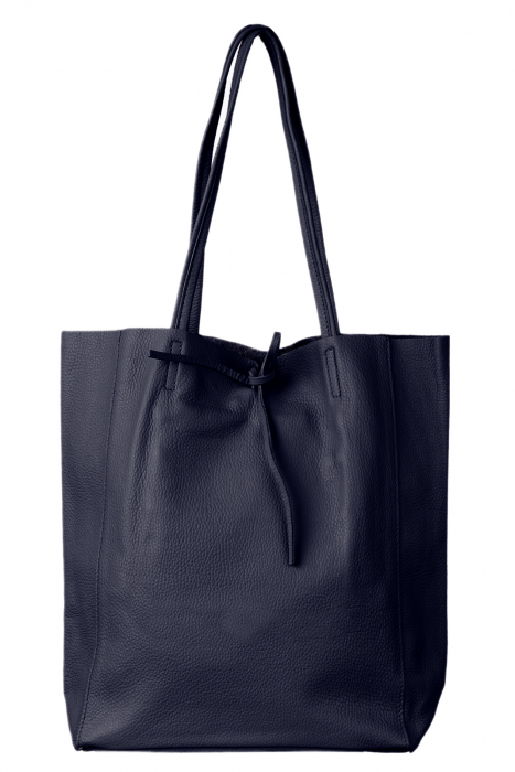 Geanta shopper bleumarin din piele naturala, cu fermoar