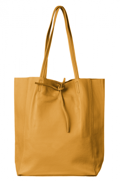Geanta shopper mustar din piele naturala, cu fermoar