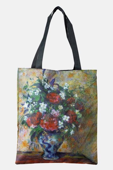 Geanta shopper din material textil, cu imprimeu inspirat dintr-o pictura cu flori albe si rosii shopika imagine noua 2022