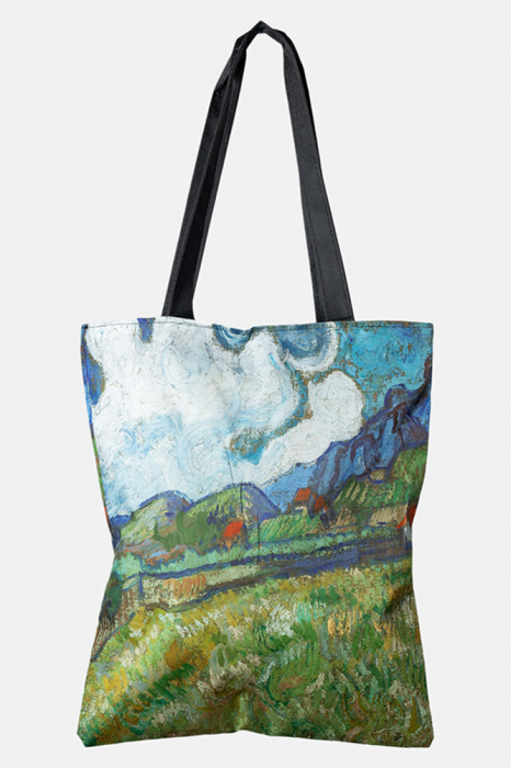 Geanta shopper din material textil, cu imprimeu inspirat dintr-o pictura cu peisaj campenesc al lui Van Gogh [1]