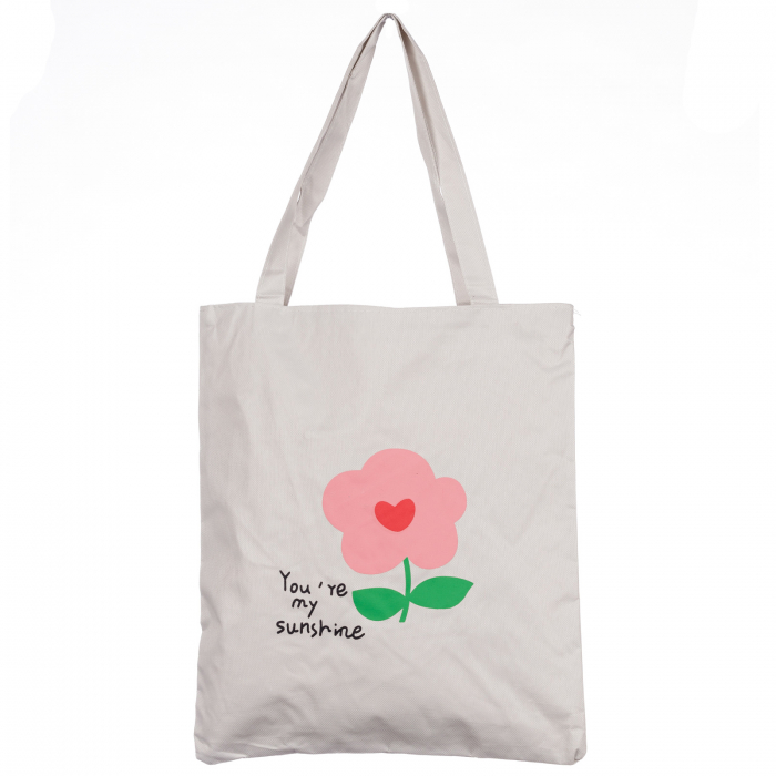 Geanta shopper din material textil, cu imprimeu floare si mesaj  You re my sunshine