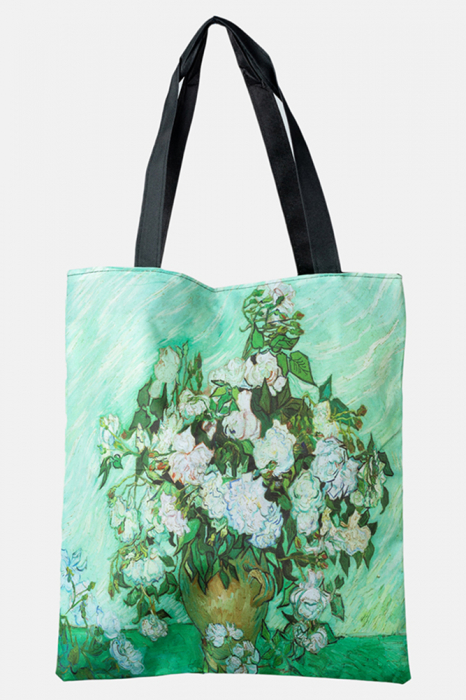 Geanta shopper din material textil, imprimata cu reproducerea dupa Vaza cu trandafiri albi de Van Gogh Accesorii imagine noua 2022
