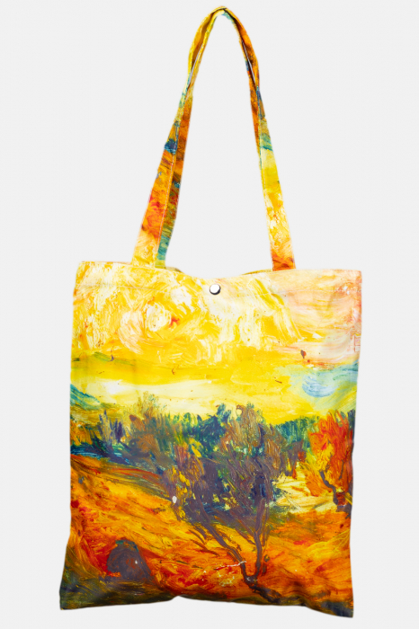 Geanta shopper din material textil satinat, cu imprimeu inspirat din pictura a lui Vincent Van Gogh