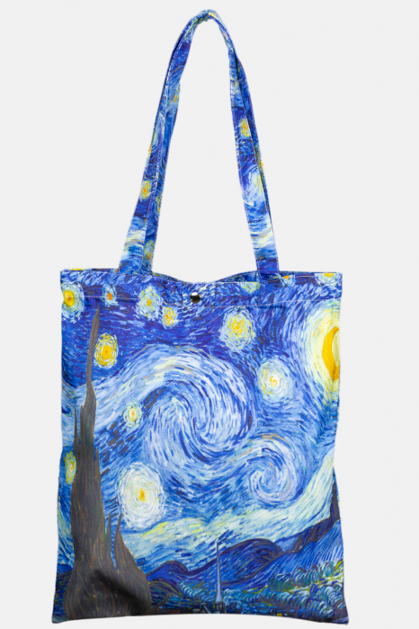 Geanta shopper din material textil satinat, cu imprimeu inspirat din pictura Noapte Instelata a lui Vincent Van Gogh