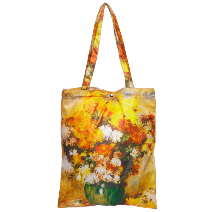 Geanta shopper din material textil satinat, cu imprimeu peisaj vaza cu crizanteme