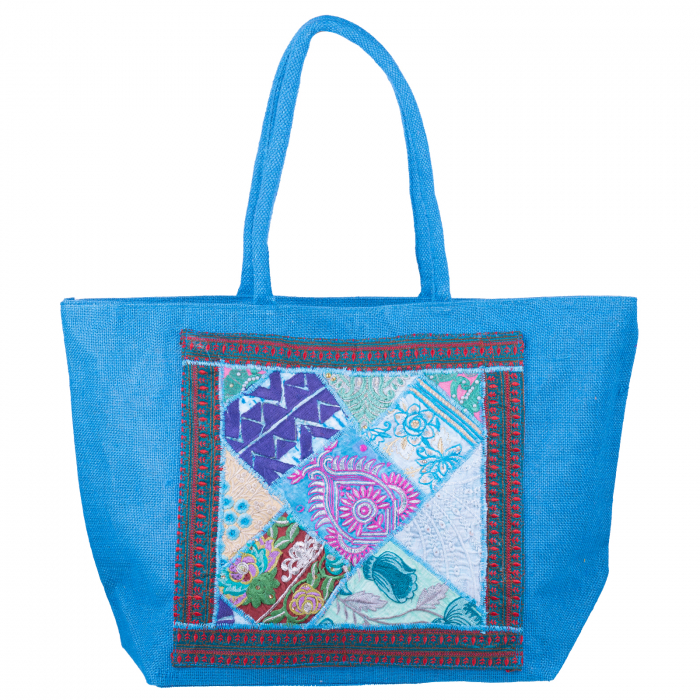Geanta albastra din material textil natural tip sac, cu aplicatie unicat, brodata manual