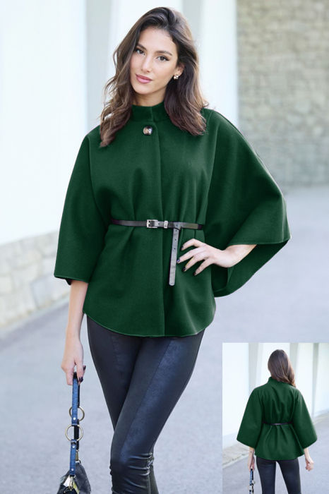 Jacheta trendy stil poncho cu curea, din stofa verde inchis