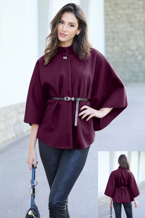 Jacheta trendy stil poncho cu curea, din stofa visinie