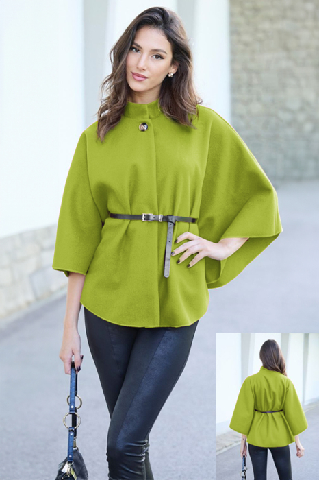 Jacheta trendy stil poncho cu curea, din stofa verde oliv