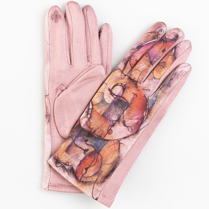Manusi dama imprimeu pictural abstract pe fond roz, material catifelat