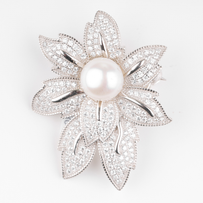 Brosa floare din argint 925 cu perla si pietre foarte fine de cubic zirconia shopika imagine noua 2022