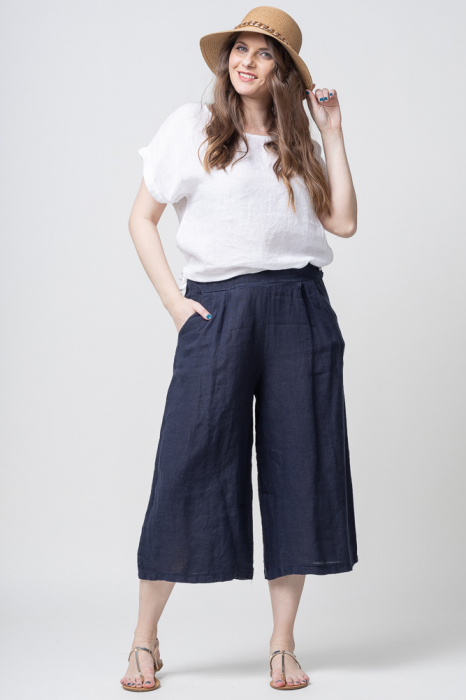 Pantaloni 3 4 largi din in, bleumarin
