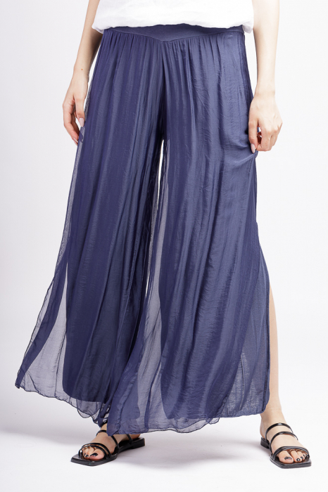 Pantaloni bleumarin din matase naturala cu crapaturi laterale bleumarin imagine noua 2022