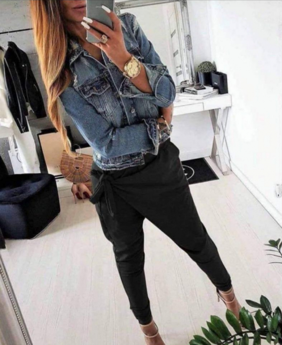 Pantaloni casual negri din bumbac, petrecuti Bebe Plus imagine noua 2022