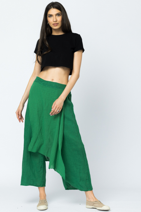 Pantaloni de vara din in, cu aplicatii pe fata si spate, verzi