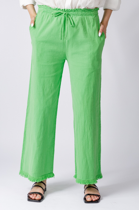 Pantaloni de vara din in si bumbac cu franjuri mici, verde deschis [2]