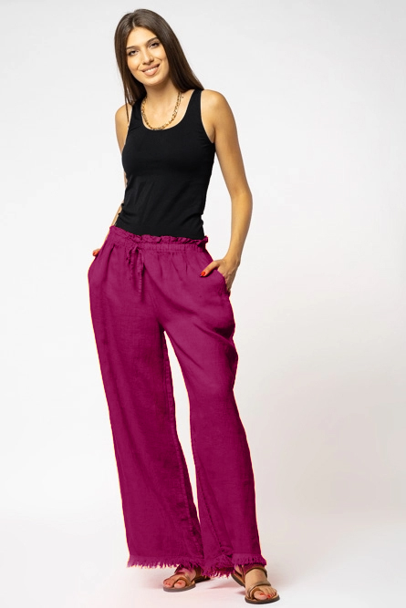 Pantaloni de vara din in cu franjuri mici, mov zmeura