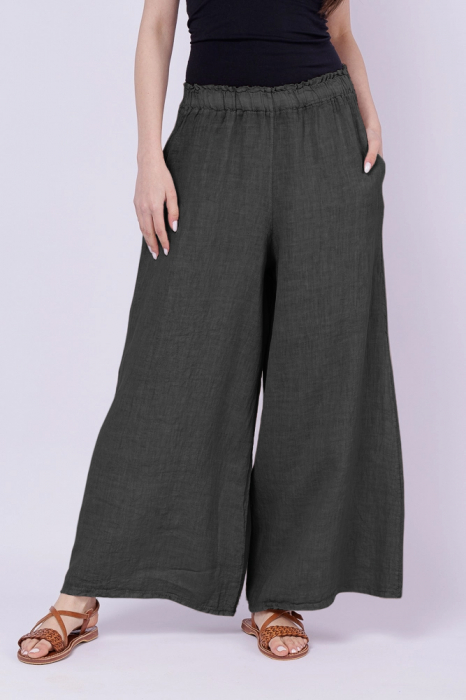 Pantaloni de vara din in largi, gri inchis