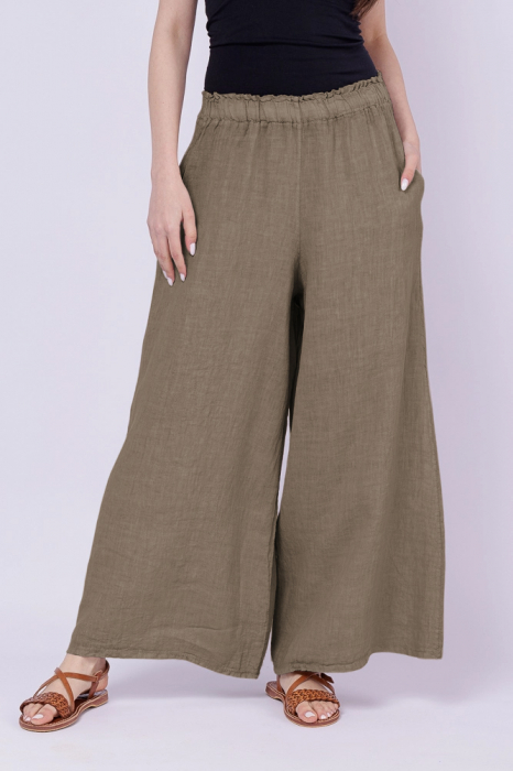 Pantaloni de vara din in largi, bej inchis
