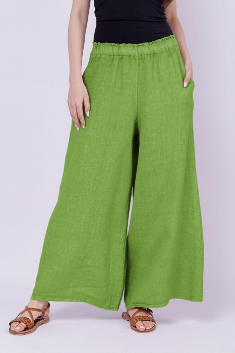 Pantaloni de vara din in largi, verde oliv