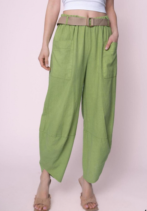 Pantaloni de vara din in si bumbac, stil salvari, verde olive