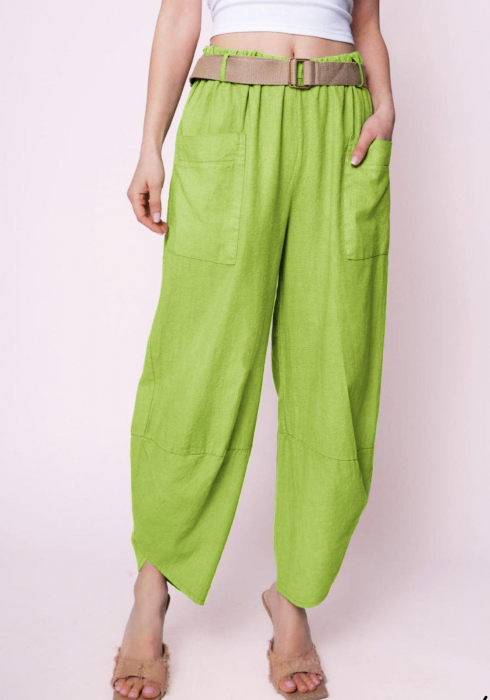 Pantaloni de vara din in si bumbac, stil salvari, verde lime