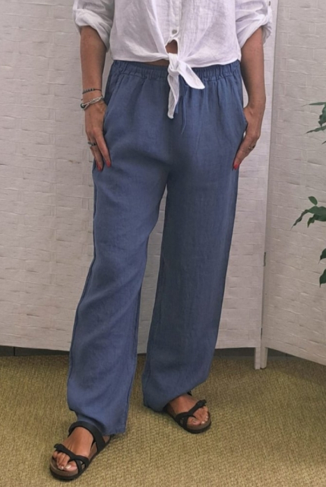 Pantaloni de vara, drepti, din in, cu siret in talie, albastru jeans