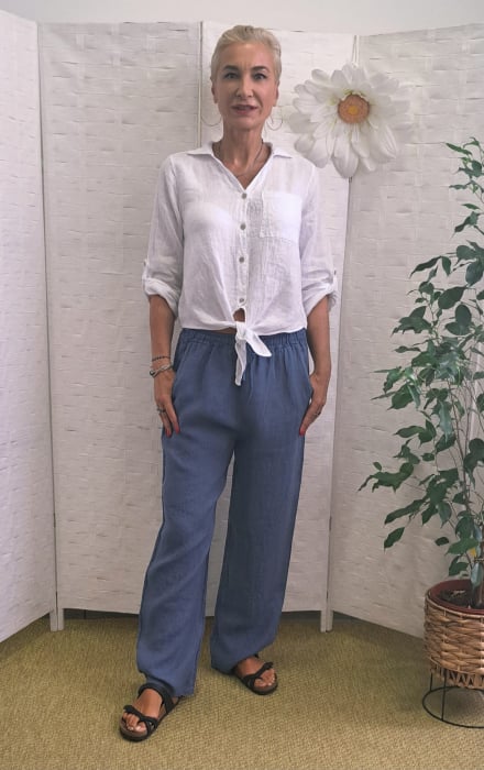 Pantaloni de vara, drepti, din in, cu siret in talie, albastru jeans