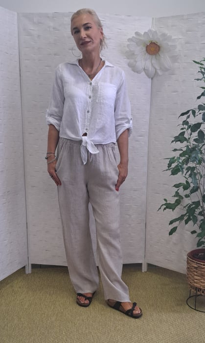Pantaloni de vara, drepti, din in, cu siret in talie, bej