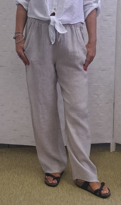 Pantaloni de vara, drepti, din in, cu siret in talie, bej