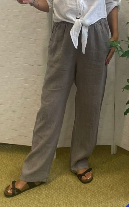Pantaloni de vara, drepti, din in, cu siret in talie, bej inchis