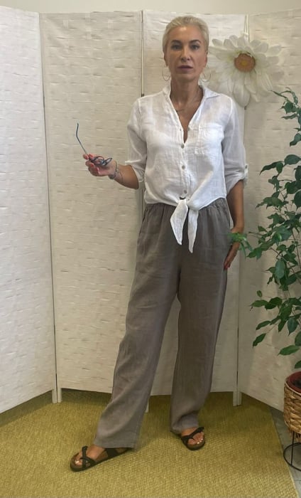 Pantaloni de vara, drepti, din in, cu siret in talie, bej inchis