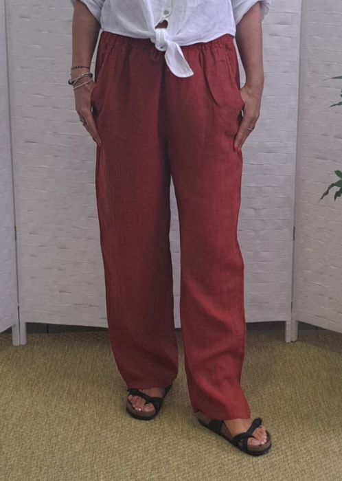 Pantaloni de vara, drepti, din in, cu siret in talie, caramizii