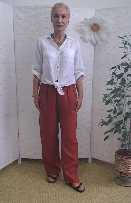 Pantaloni de vara, drepti, din in, cu siret in talie, caramizii
