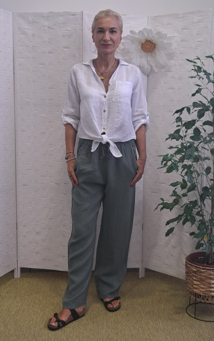 Pantaloni de vara, drepti, din in, cu siret in talie, kaki