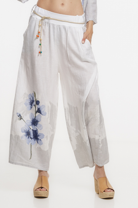Pantaloni de vara largi din in alb cu imprimeu floral artistic