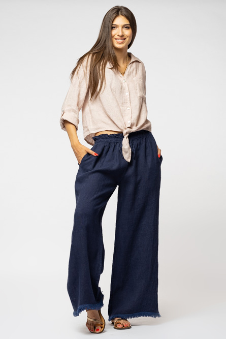 Pantaloni de vara din in cu franjuri mici, bleumarin