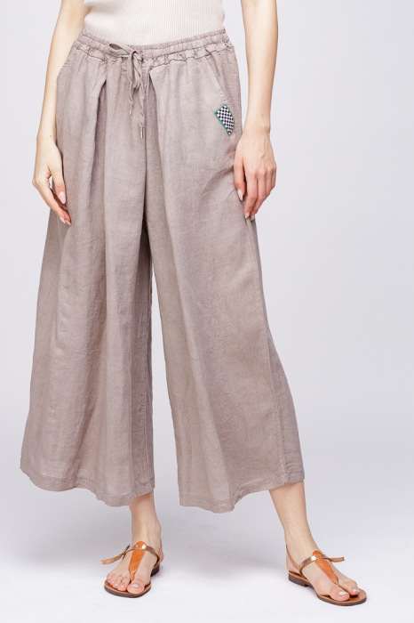 Pantaloni largi de vara din in cu aplicatie tabla de sah, bej aplicație imagine noua 2022