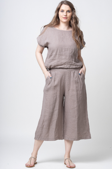 Pantaloni 3 4 largi din in, bej inchis