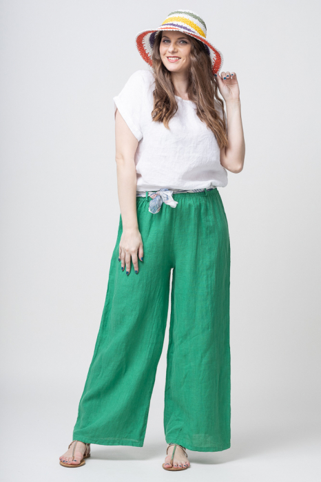 Pantaloni de vara largi din in cu esarfa, verzi din imagine noua 2022
