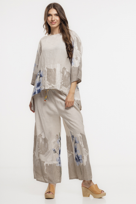 Pantaloni de vara largi din in bej cu imprimeu floral artistic